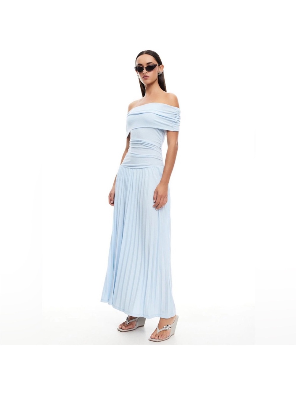 Lioness Off-Shoulder Pleated Maxi Dress in Light Blue